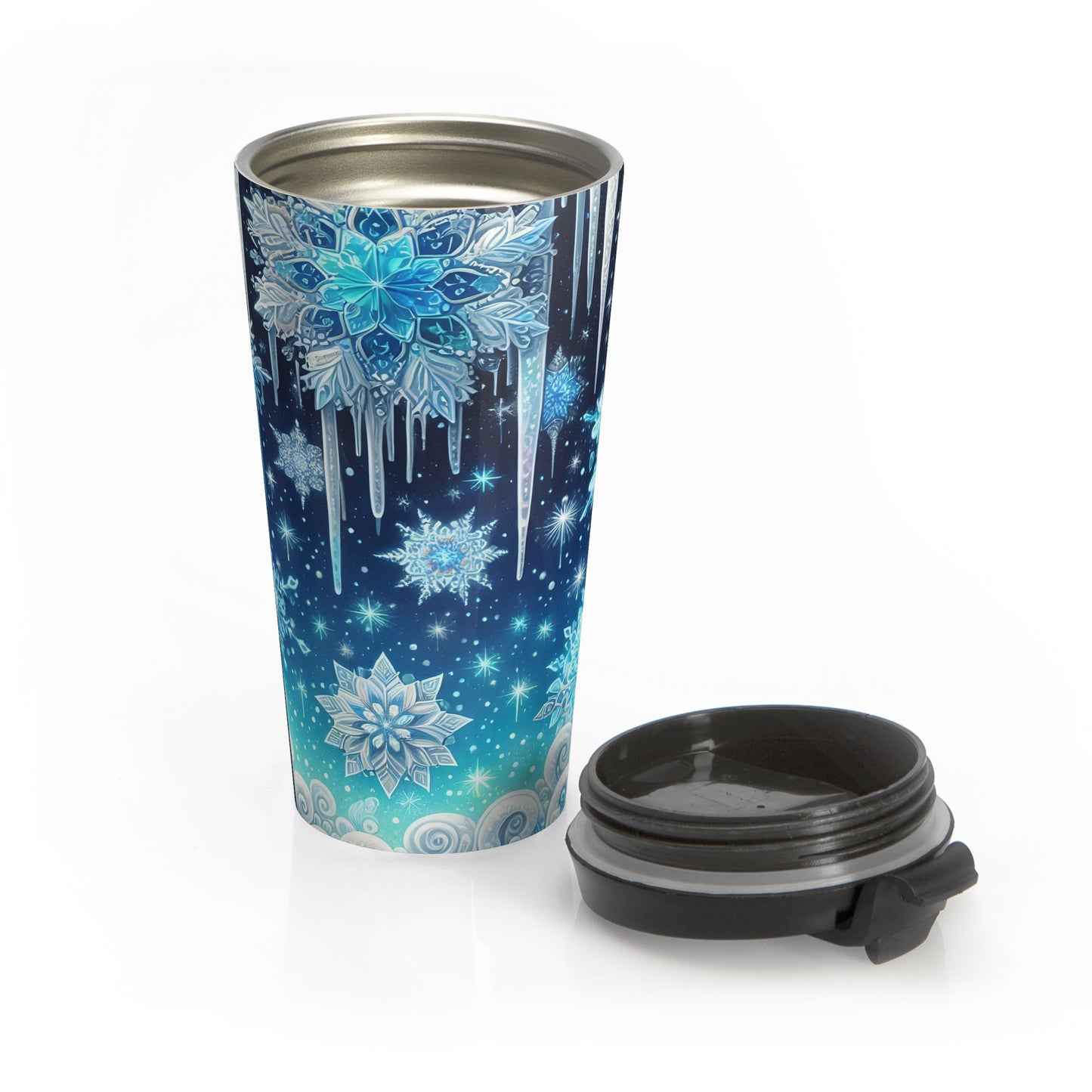 Frosted Midnight Snowflake Stainless Steel Travel Mug – 15oz