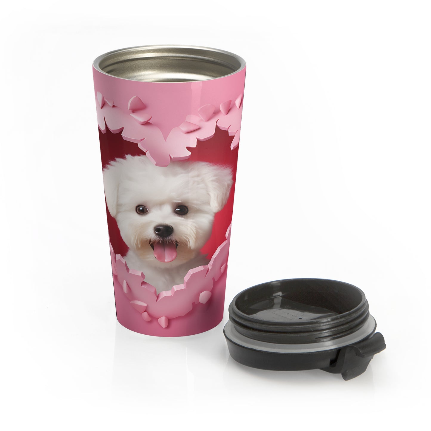 Fluffy Puppy Heartburst Stainless Steel Travel Mug – 15oz