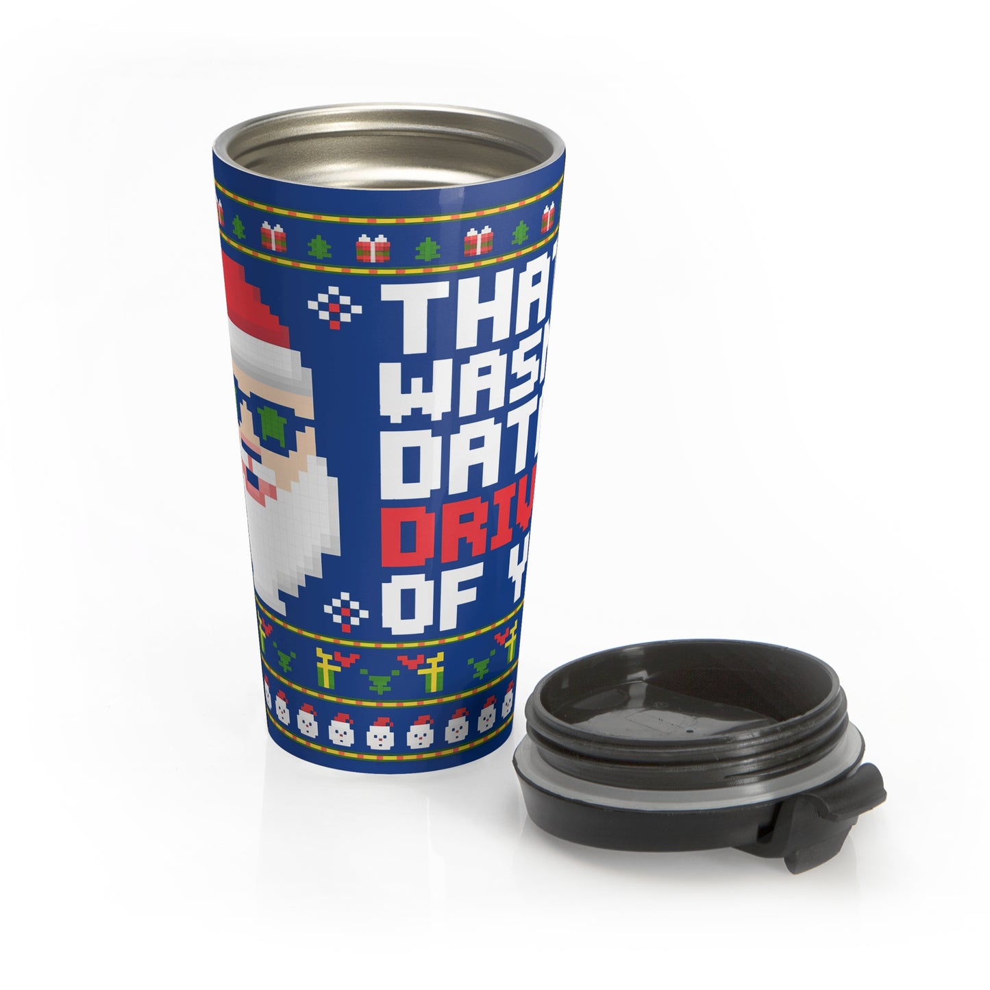 Pixel Santa Retro Christmas Stainless Steel Travel Mug – 15oz