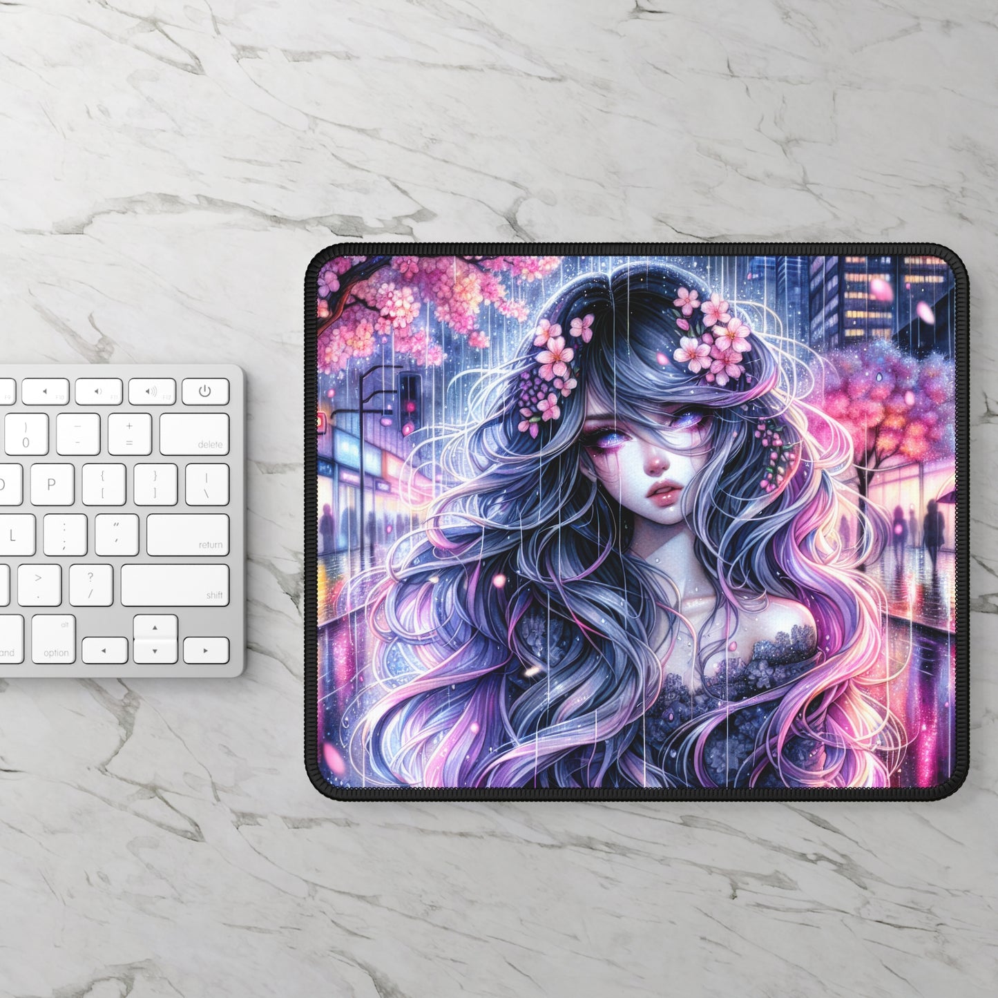 Neon Sakura Rain Mouse Pad