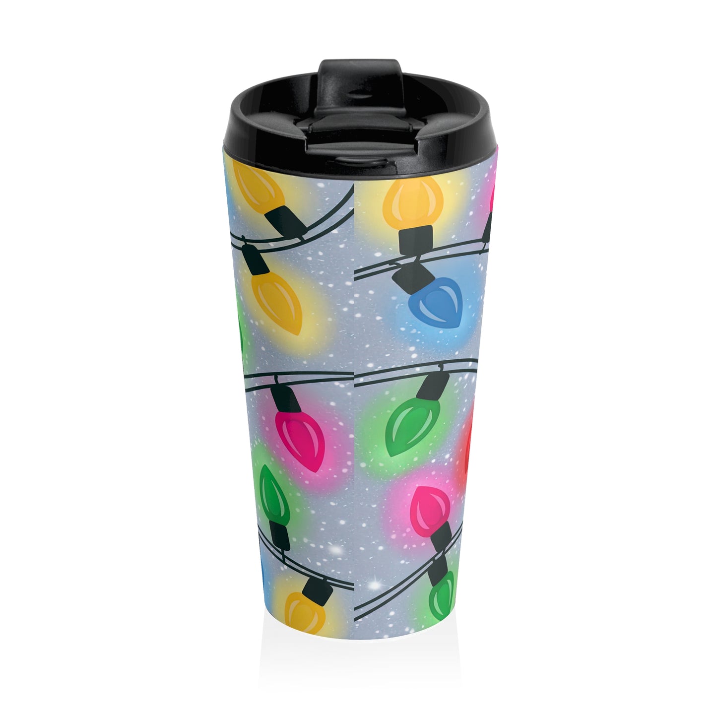 Twinkling Holiday Lights Stainless Steel Travel Mug – 15oz