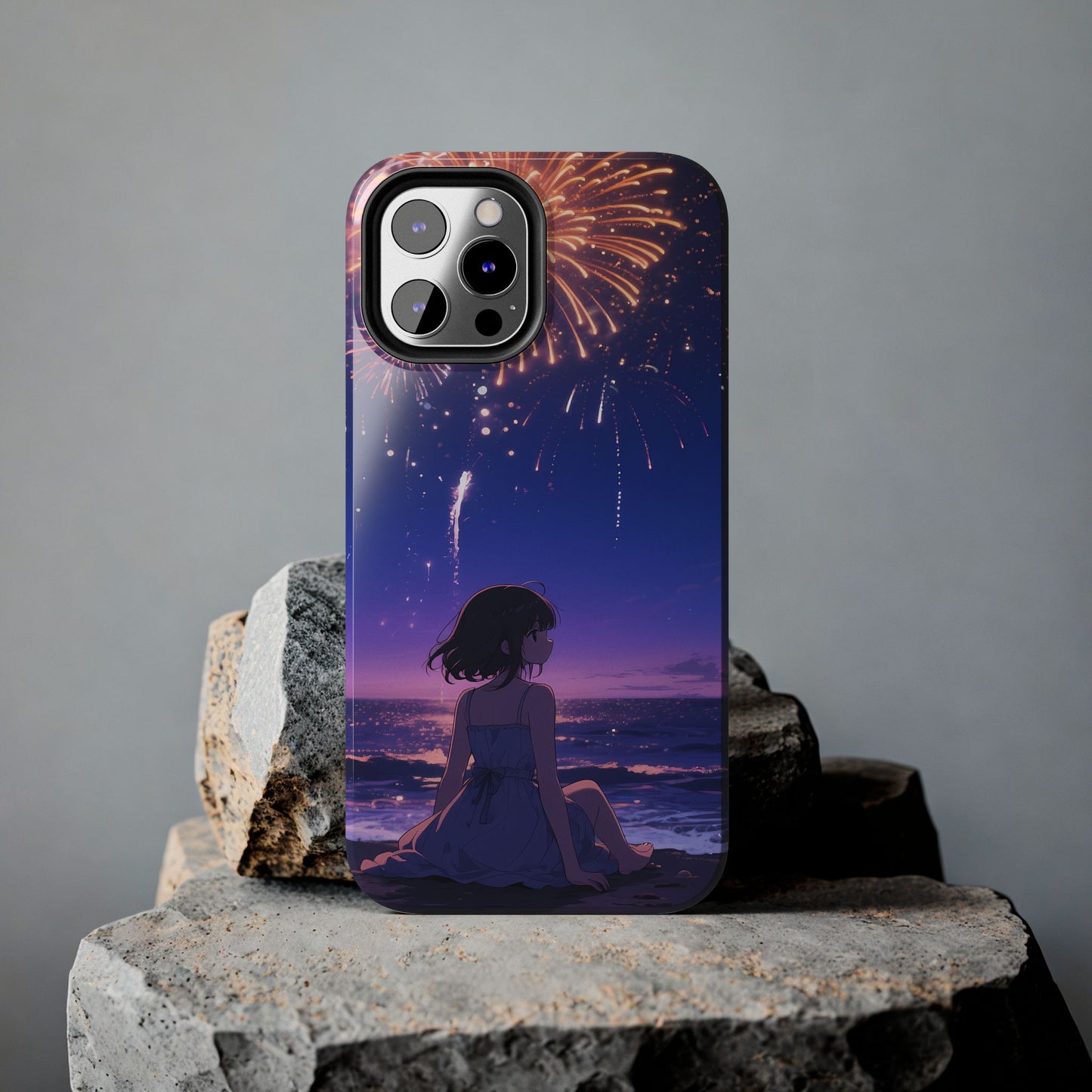 Fireworks Night Phone Case — Anime Girl Beach Sunset Tough Case