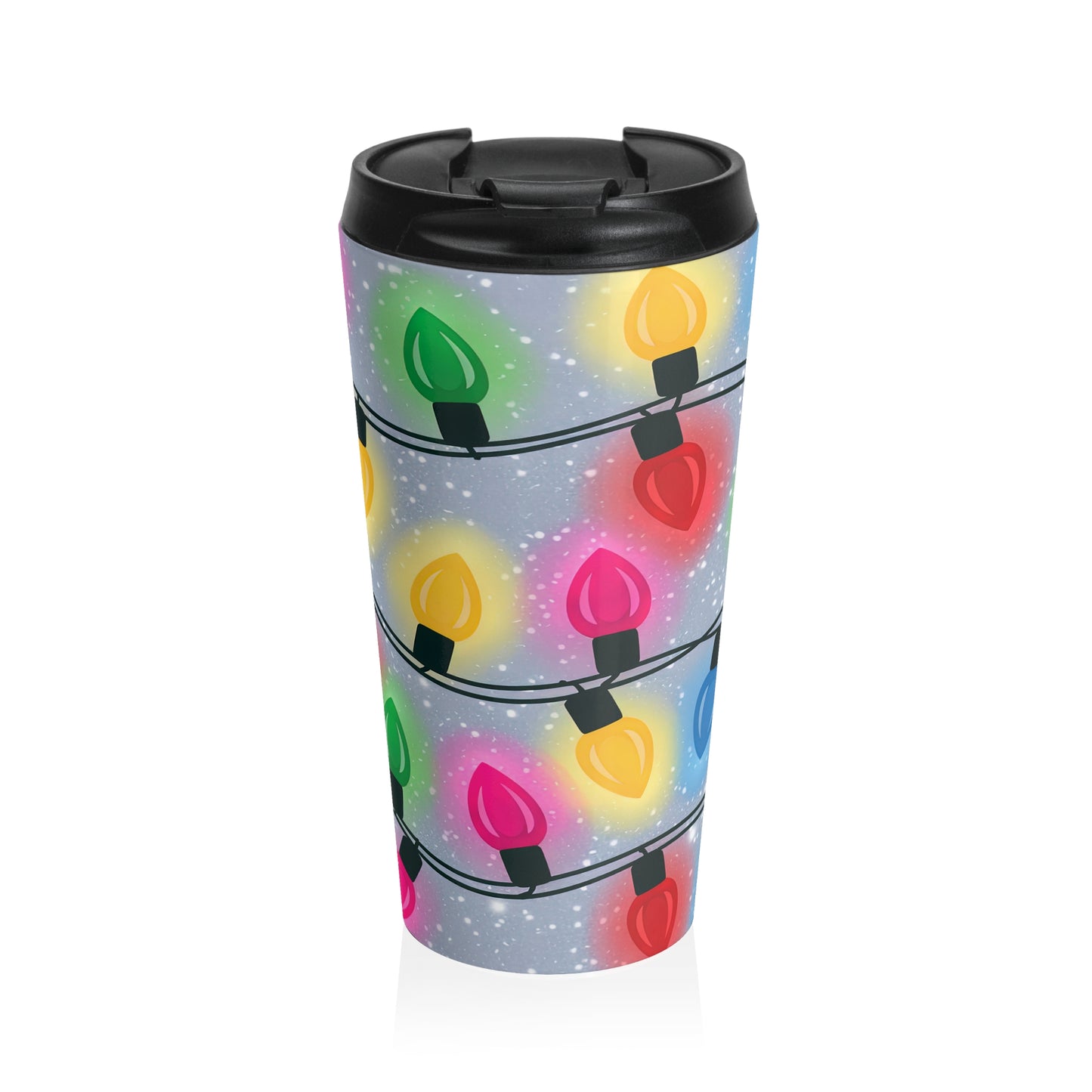 Twinkling Holiday Lights Stainless Steel Travel Mug – 15oz