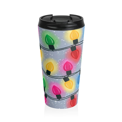 Twinkling Holiday Lights Stainless Steel Travel Mug – 15oz
