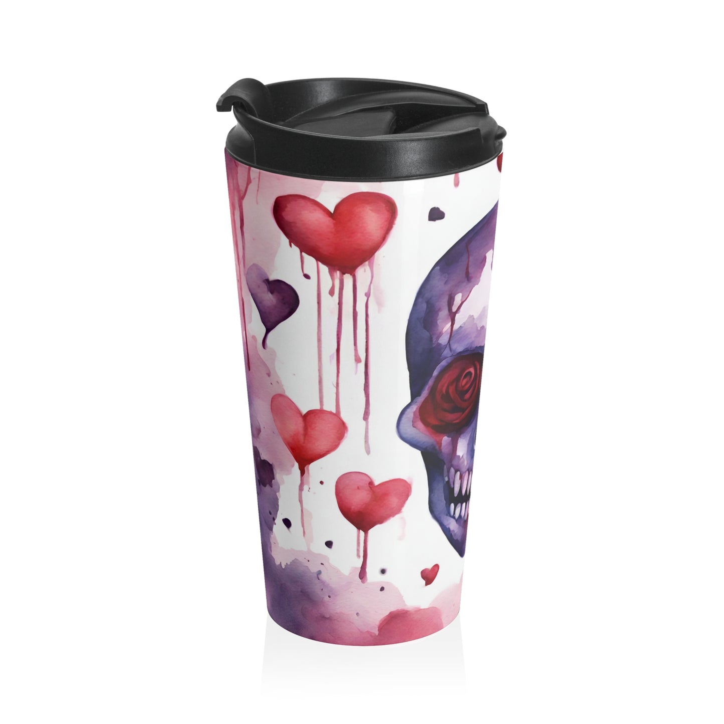 Watercolor Heart Skull Stainless Steel Travel Mug – 15oz