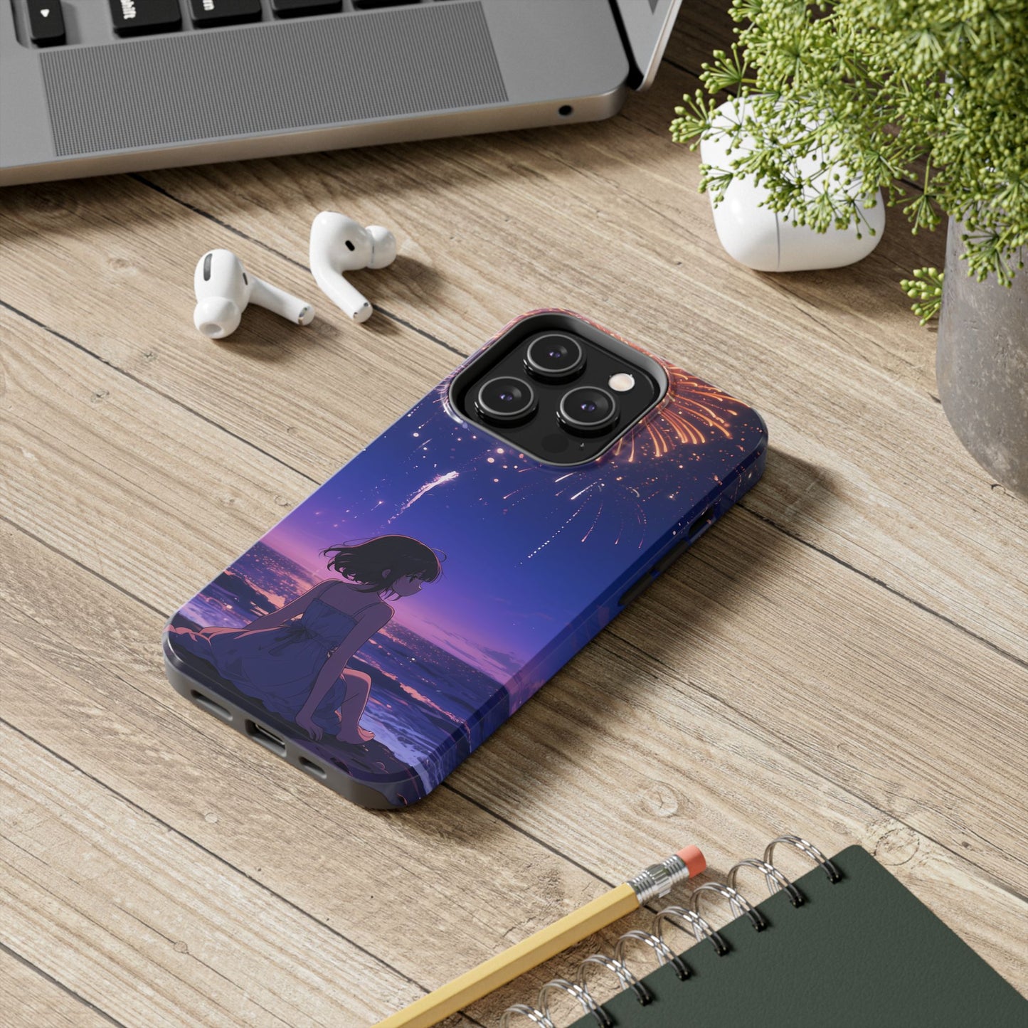 Fireworks Night Phone Case — Anime Girl Beach Sunset Tough Case