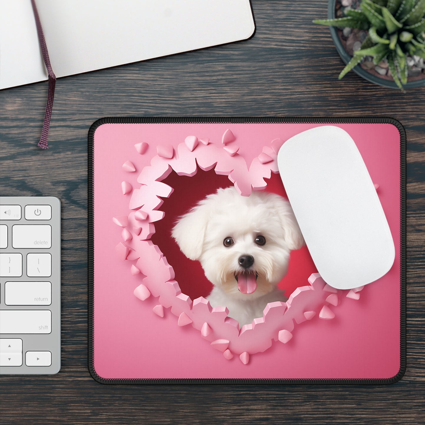 Fluffy Puppy Love Heart Mouse Pad