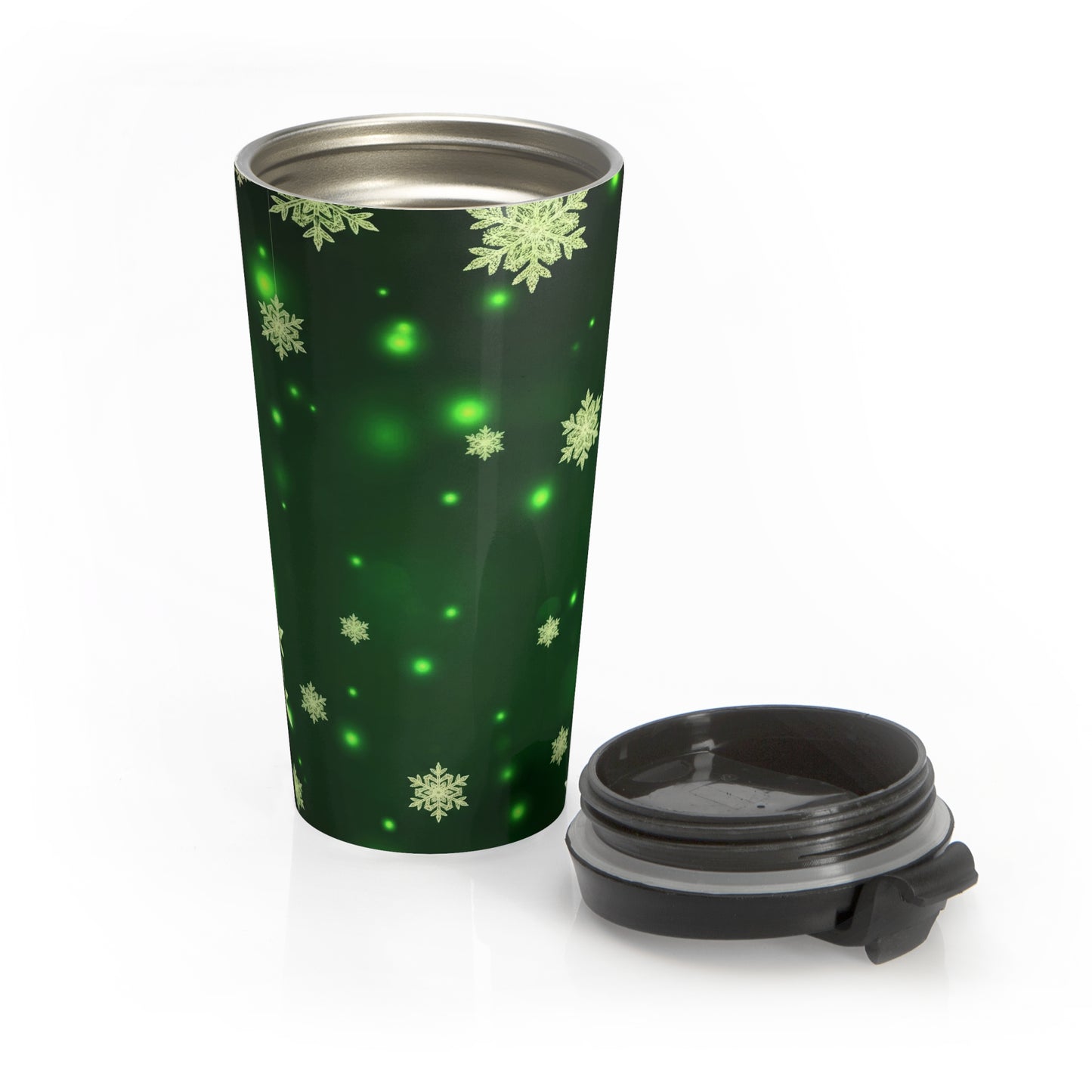 Emerald Glow Snowflake Travel Mug – 15oz Stainless Steel