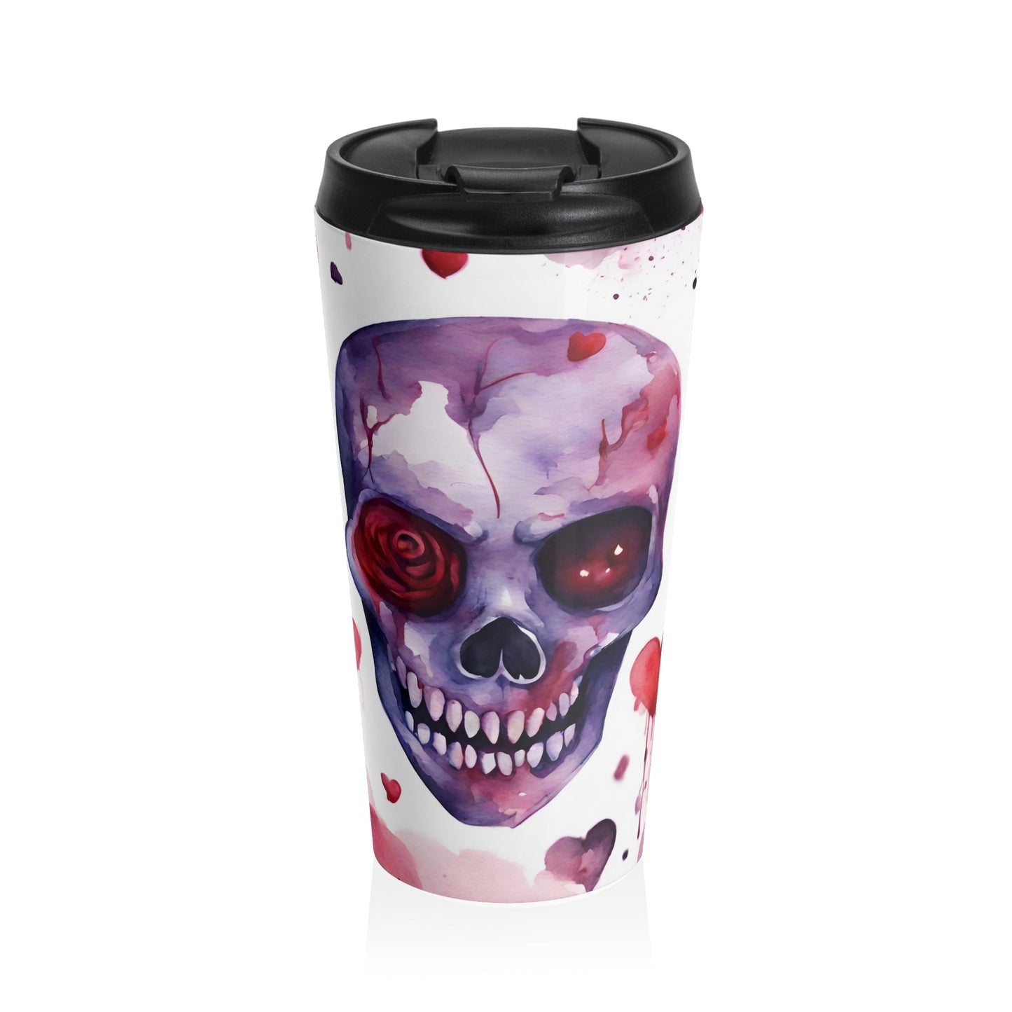 Watercolor Heart Skull Stainless Steel Travel Mug – 15oz