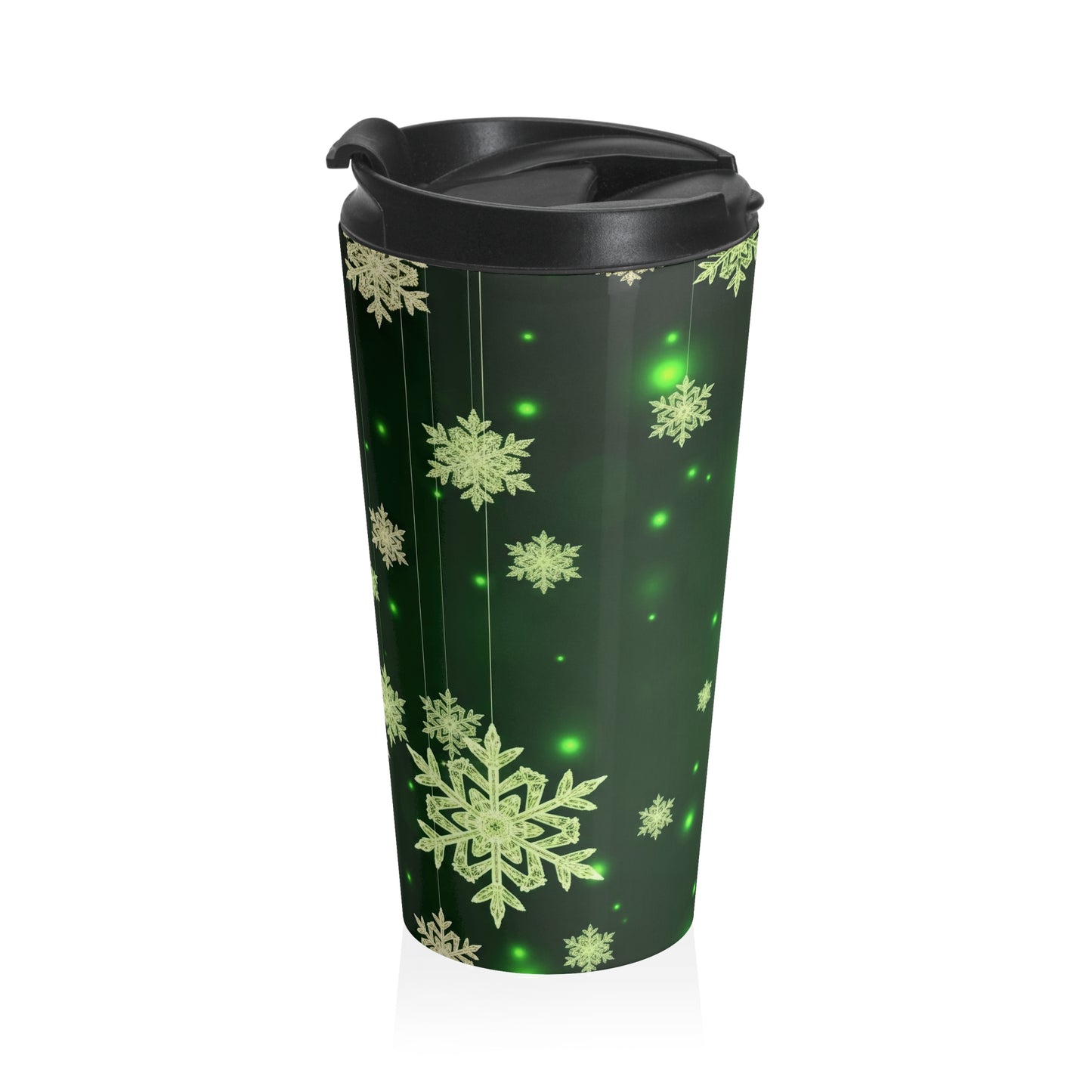 Emerald Glow Snowflake Travel Mug – 15oz Stainless Steel