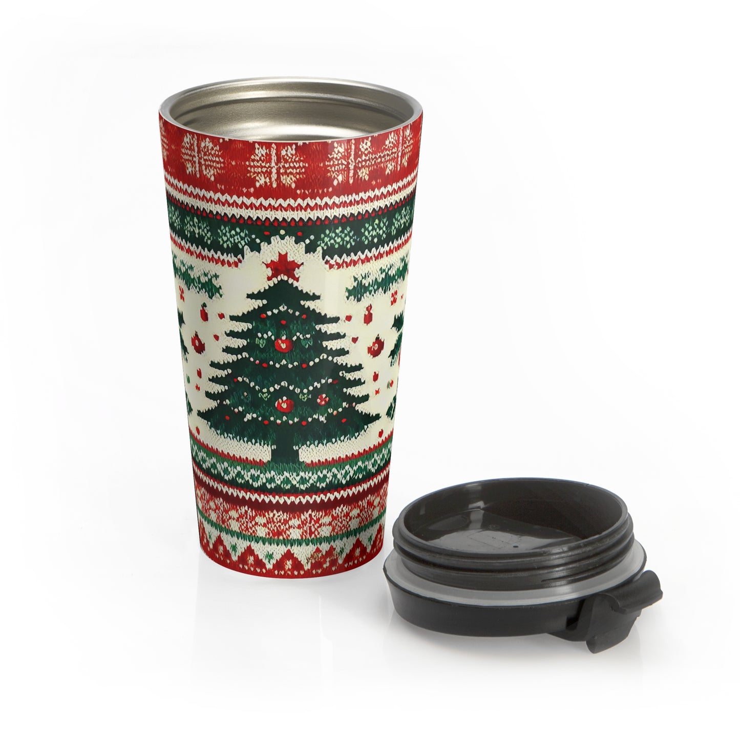 Cozy Knit Christmas Tree Travel Mug – 15oz Stainless Steel