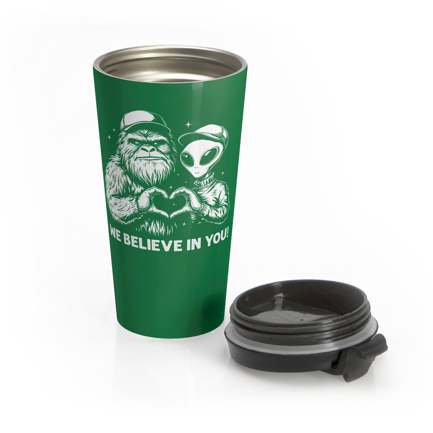 We Believe in You Bigfoot and Alien Stainless Steel Travel Mug – 15oz
