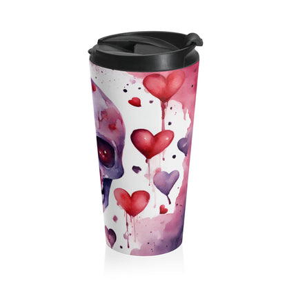 Watercolor Heart Skull Stainless Steel Travel Mug – 15oz