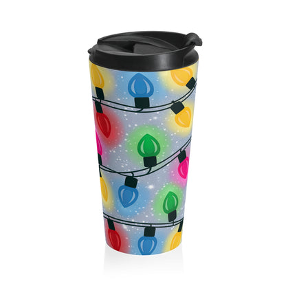 Twinkling Holiday Lights Stainless Steel Travel Mug – 15oz
