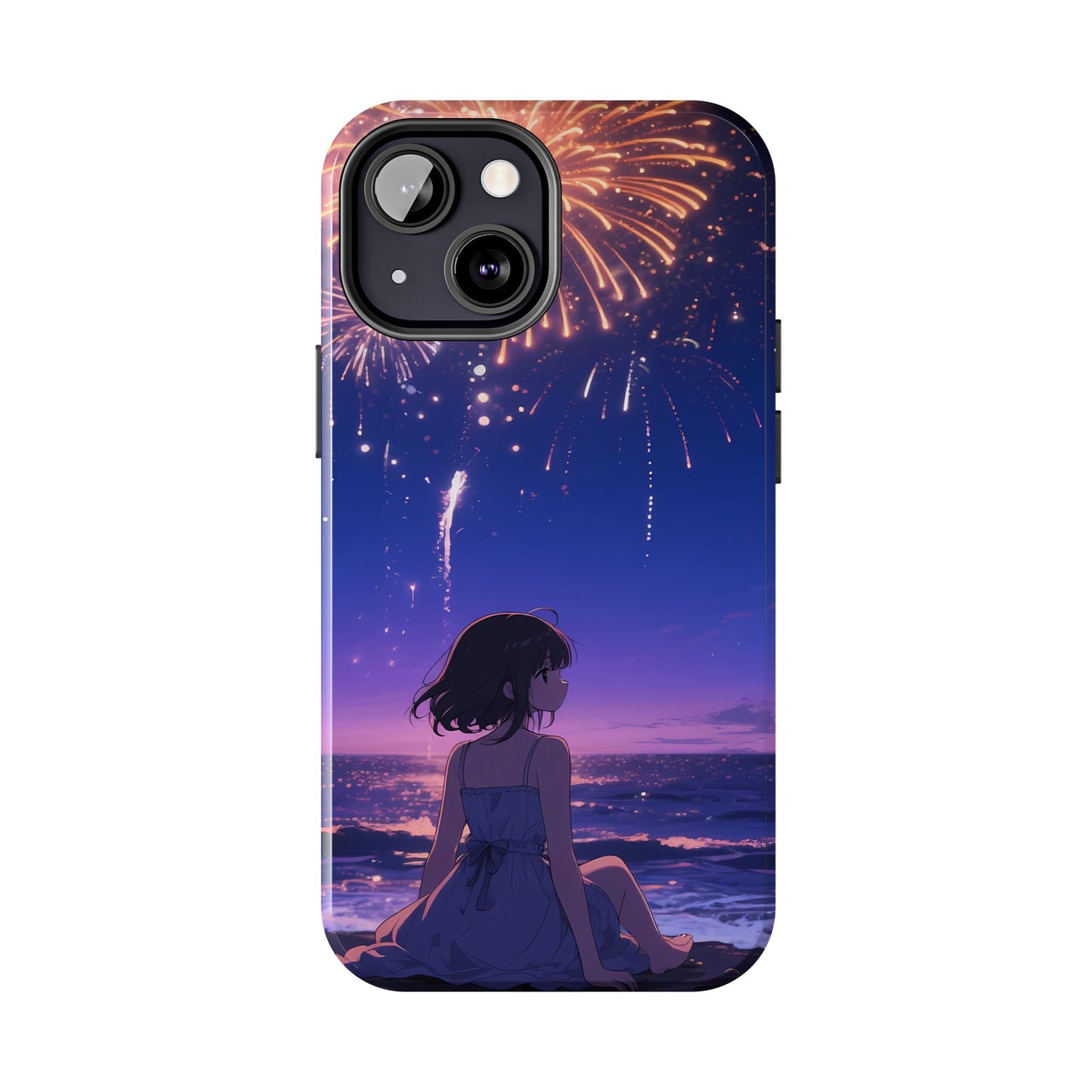 Fireworks Night Phone Case — Anime Girl Beach Sunset Tough Case