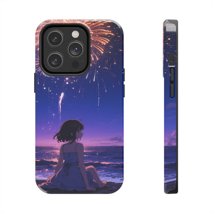 Fireworks Night Phone Case — Anime Girl Beach Sunset Tough Case