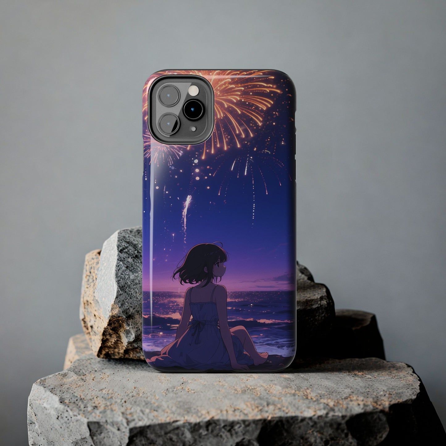 Fireworks Night Phone Case — Anime Girl Beach Sunset Tough Case