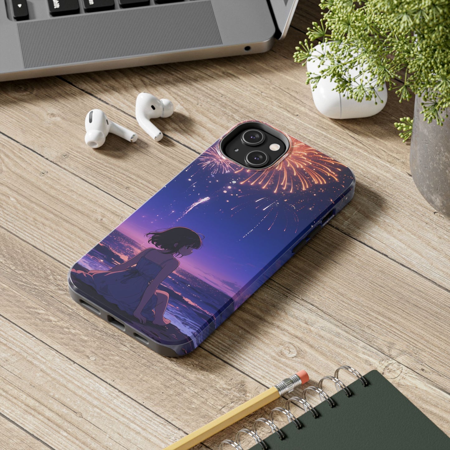 Fireworks Night Phone Case — Anime Girl Beach Sunset Tough Case