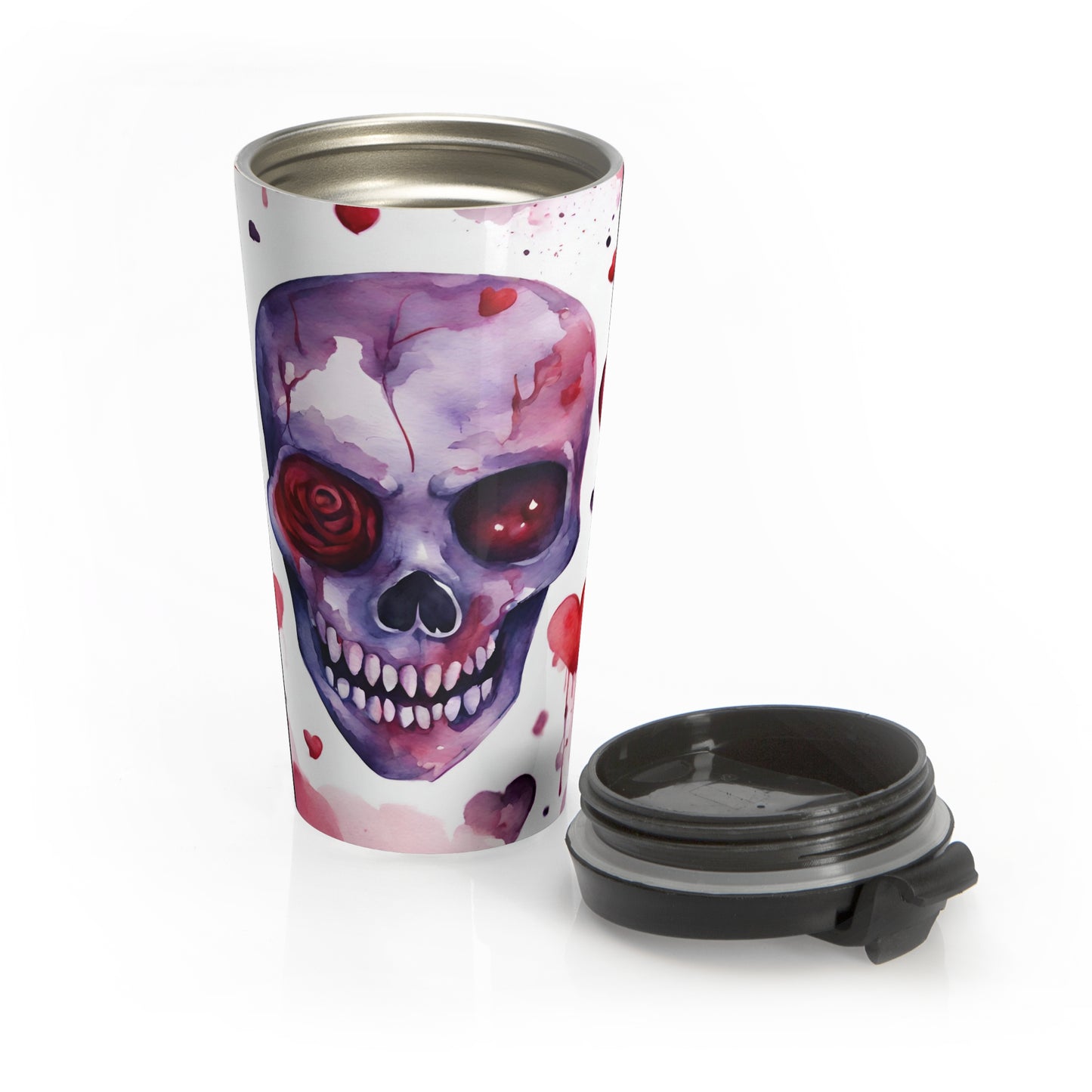 Watercolor Heart Skull Stainless Steel Travel Mug – 15oz