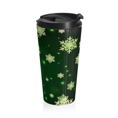 Emerald Glow Snowflake Travel Mug – 15oz Stainless Steel