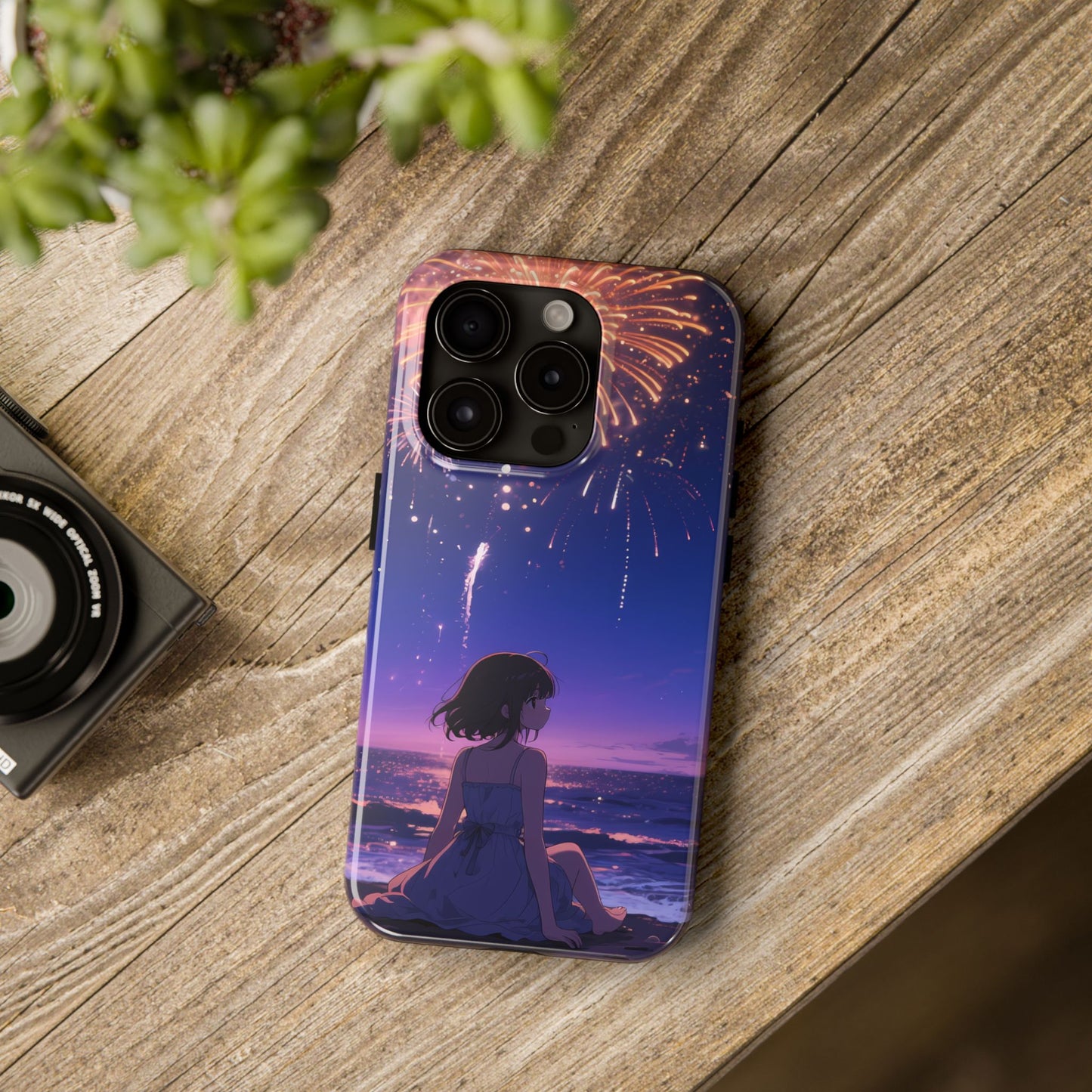 Fireworks Night Phone Case — Anime Girl Beach Sunset Tough Case