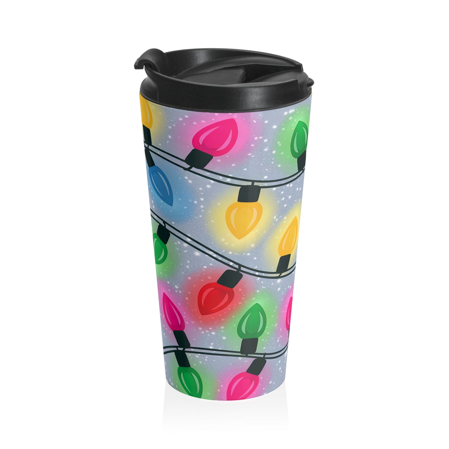 Twinkling Holiday Lights Stainless Steel Travel Mug – 15oz
