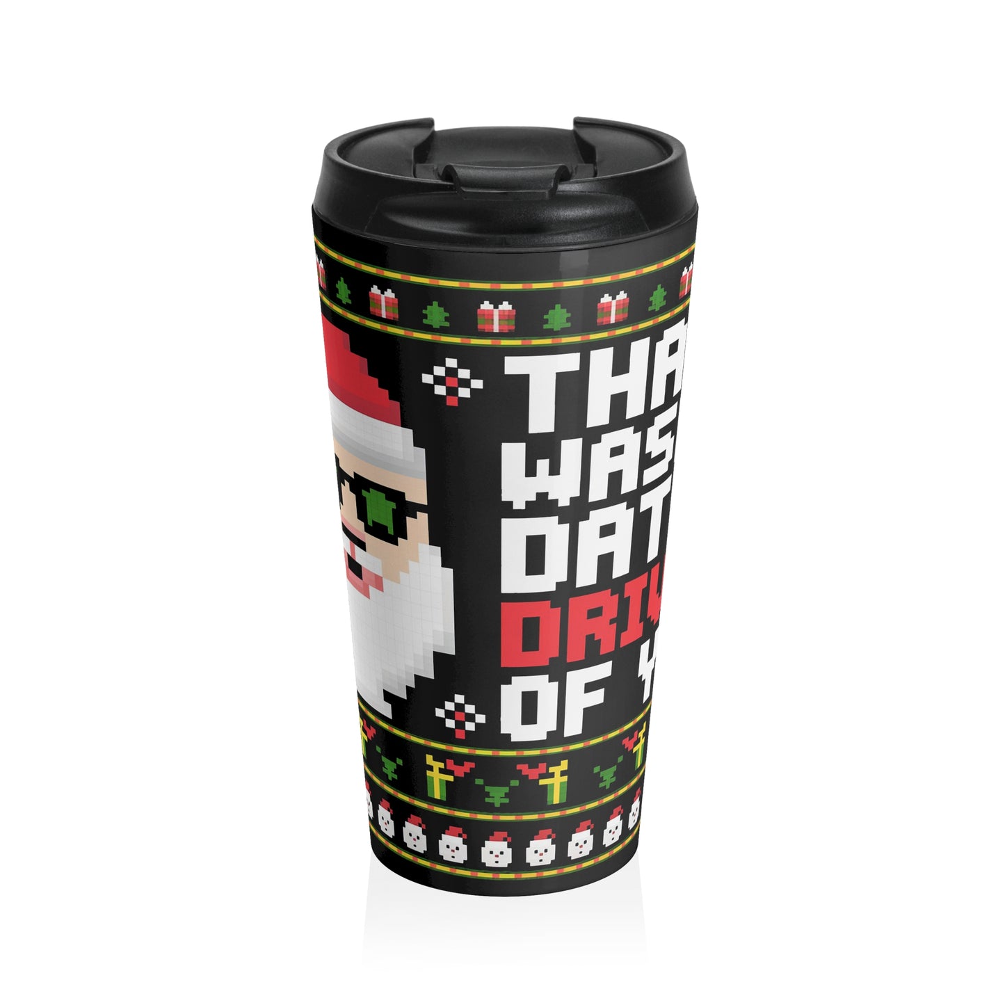 Pixel Santa Retro Christmas Stainless Steel Travel Mug – 15oz