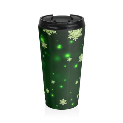 Emerald Glow Snowflake Travel Mug – 15oz Stainless Steel