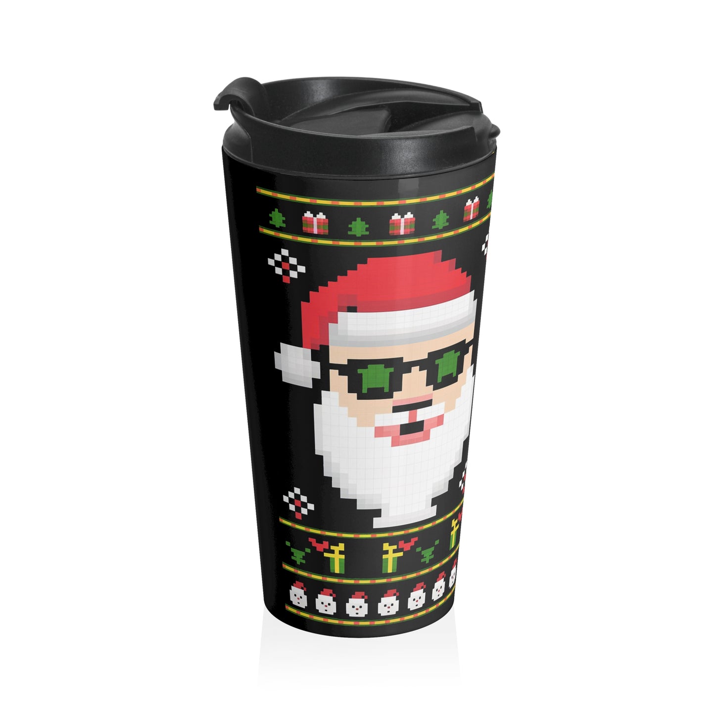 Pixel Santa Retro Christmas Stainless Steel Travel Mug – 15oz