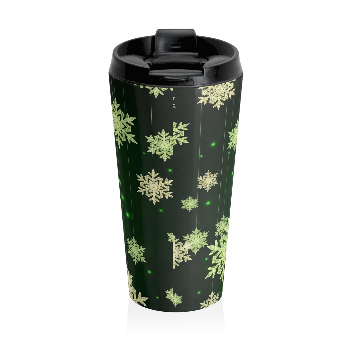 Emerald Glow Snowflake Travel Mug – 15oz Stainless Steel