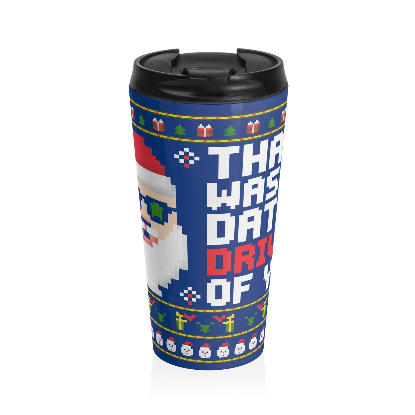 Pixel Santa Retro Christmas Stainless Steel Travel Mug – 15oz