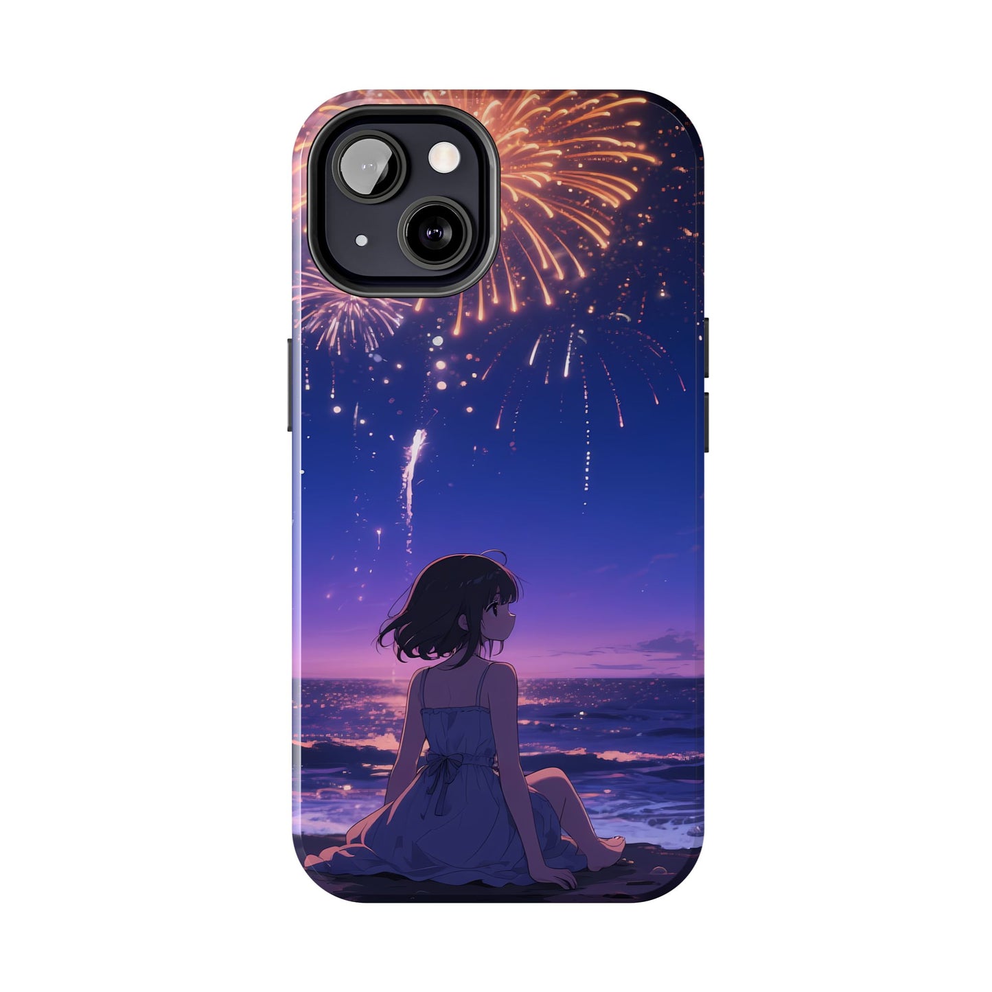 Fireworks Night Phone Case — Anime Girl Beach Sunset Tough Case